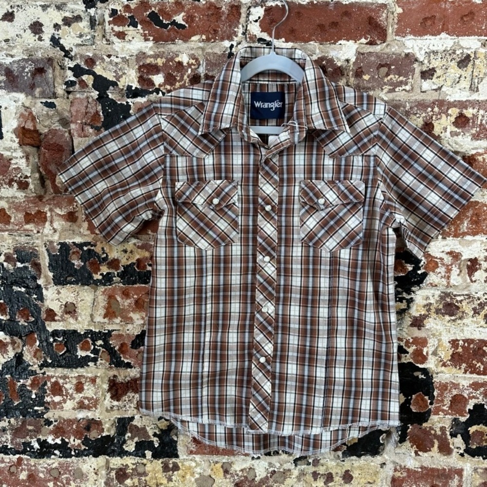 Wrangler Shirt Button Up Cowboy Western Short Sleeve Brown Plaid Boys Medium
